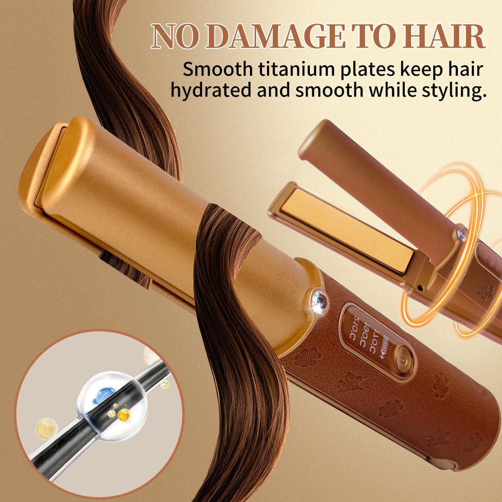 Huajun 2-in-1 straightener-curler with titanium plates for sleek straights and natural curls.