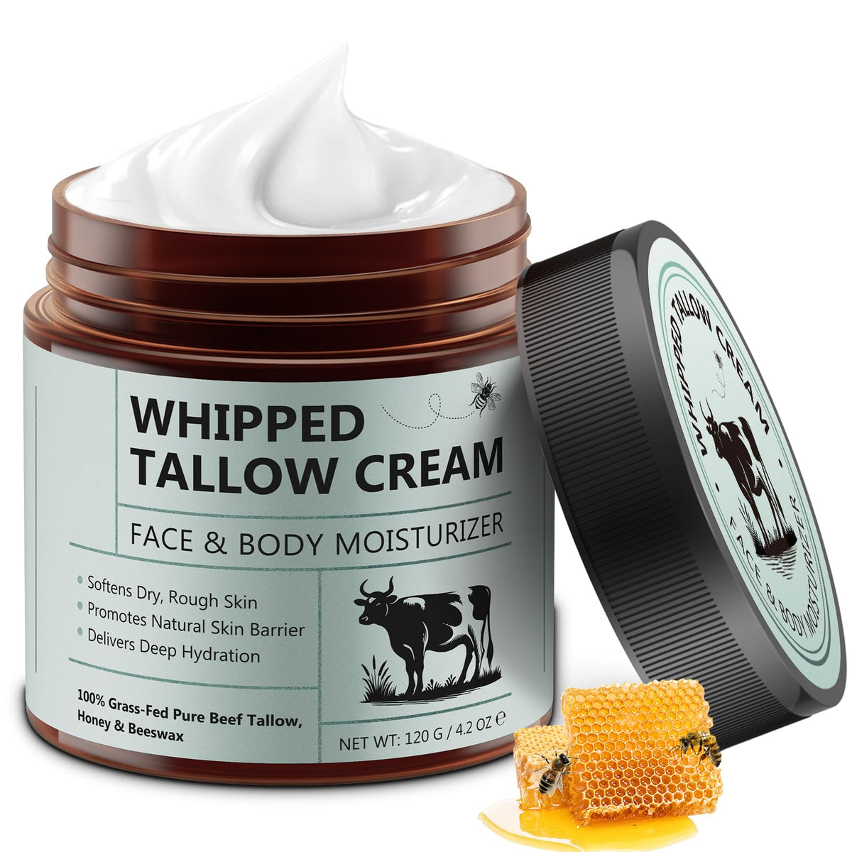 HUALIJIA Beef Tallow Face Moisturizer jar shows whipped texture for deep nourishment