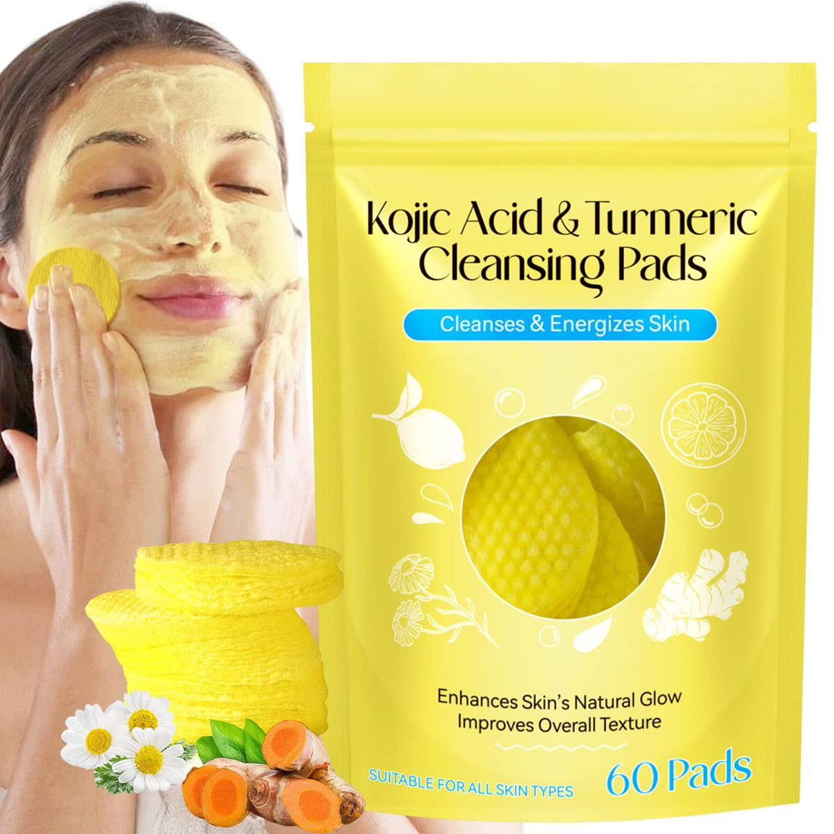 HUALIJIA Turmeric Kojic Acid Cleansing Pads packaging for portable daily cleansing on the go.