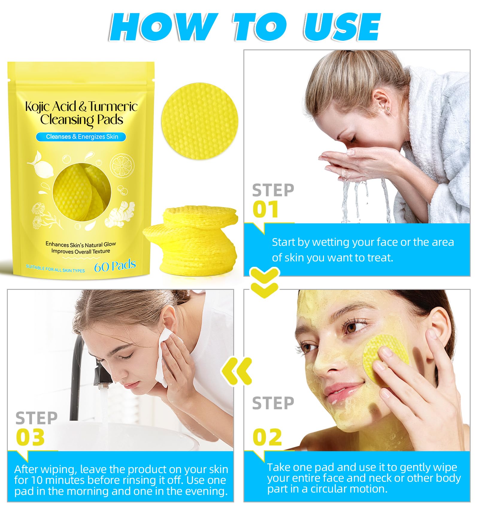 HUALIJIA Turmeric Kojic Acid Cleansing Pad texture close-up hints gentle, non-irritating formula.