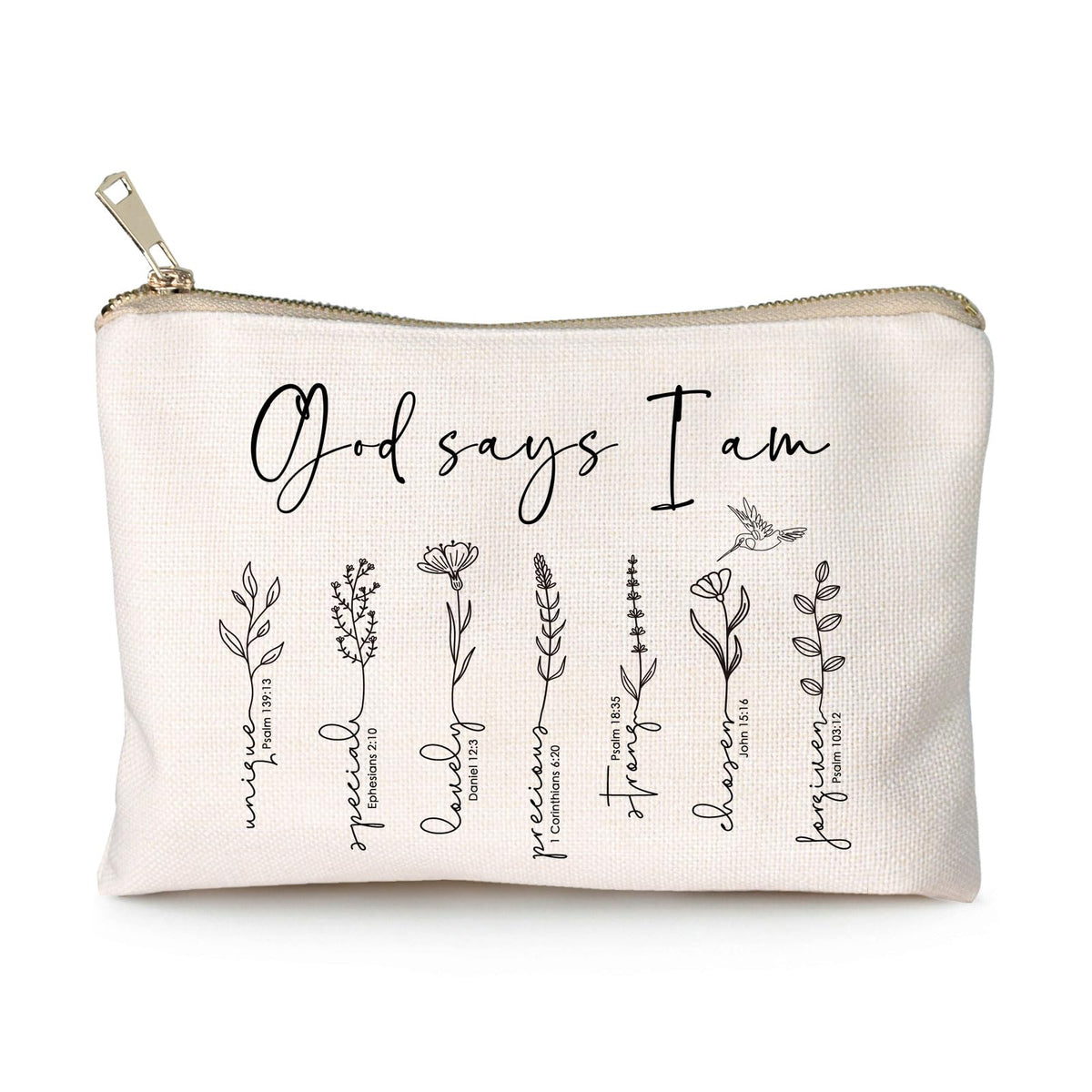 HubbgDesign God Says You Are cosmetic bag front view with neutral linen for everyday organization