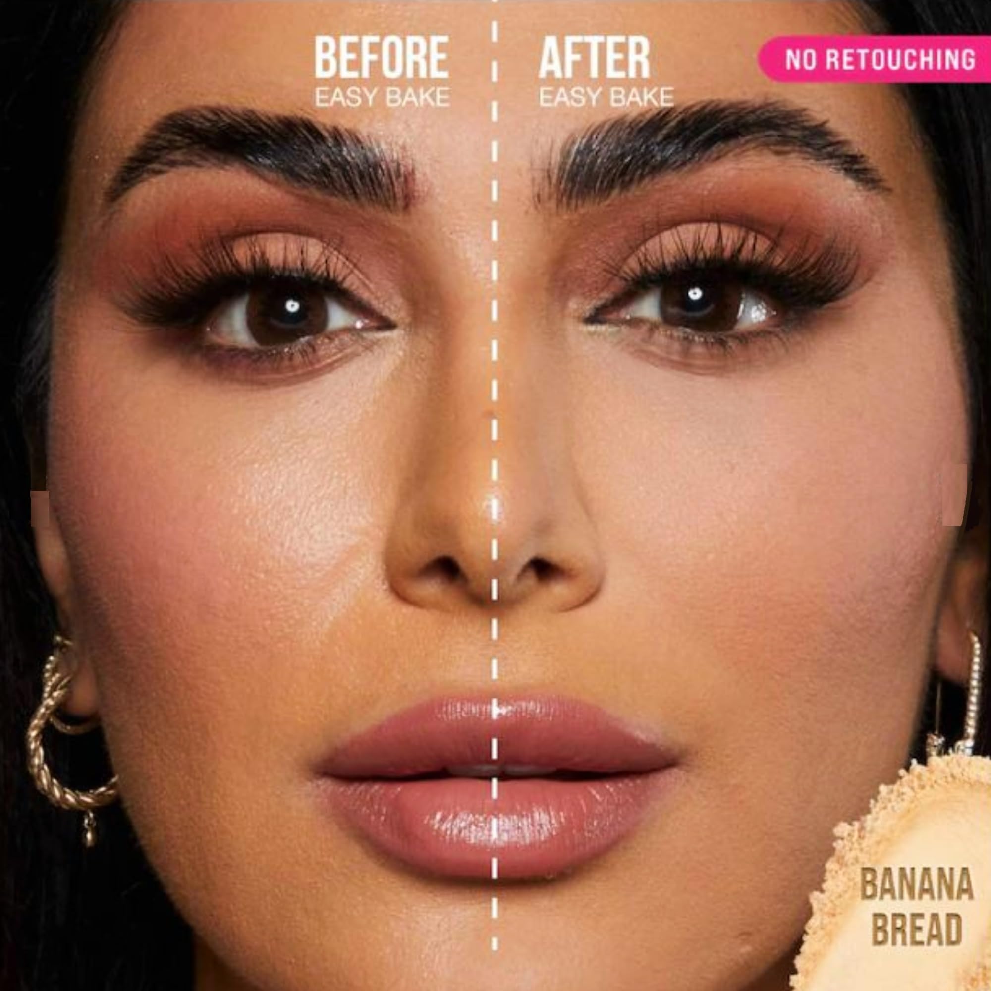 Huda Easy Bake Banana Bread close-up shows silky, blurring powder on skin.