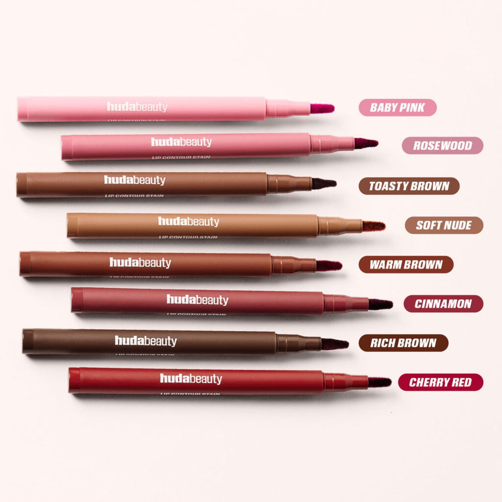 Huda Lip Contour Stain Warm Brown product shot with packaging