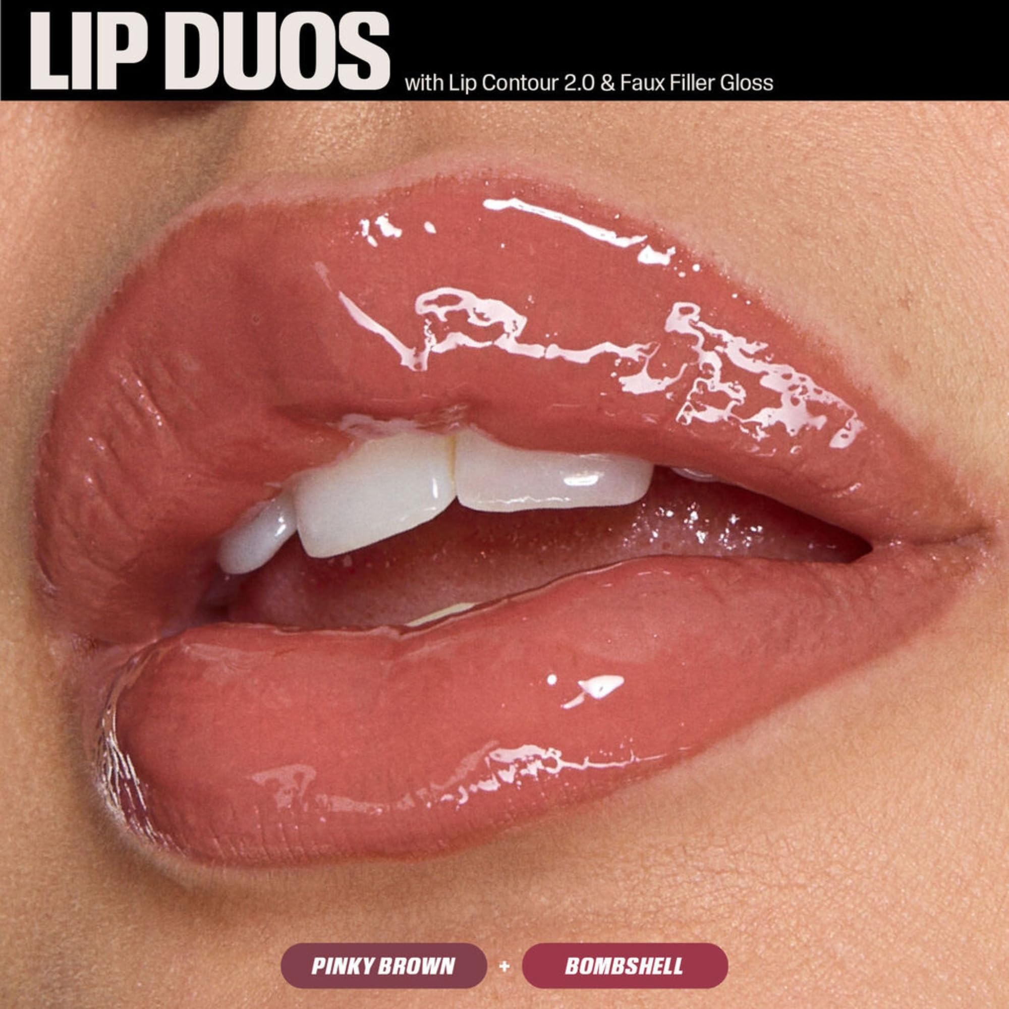 Huda Pink Kit gloss application closeup highlights Bombshell gloss for smooth lips.