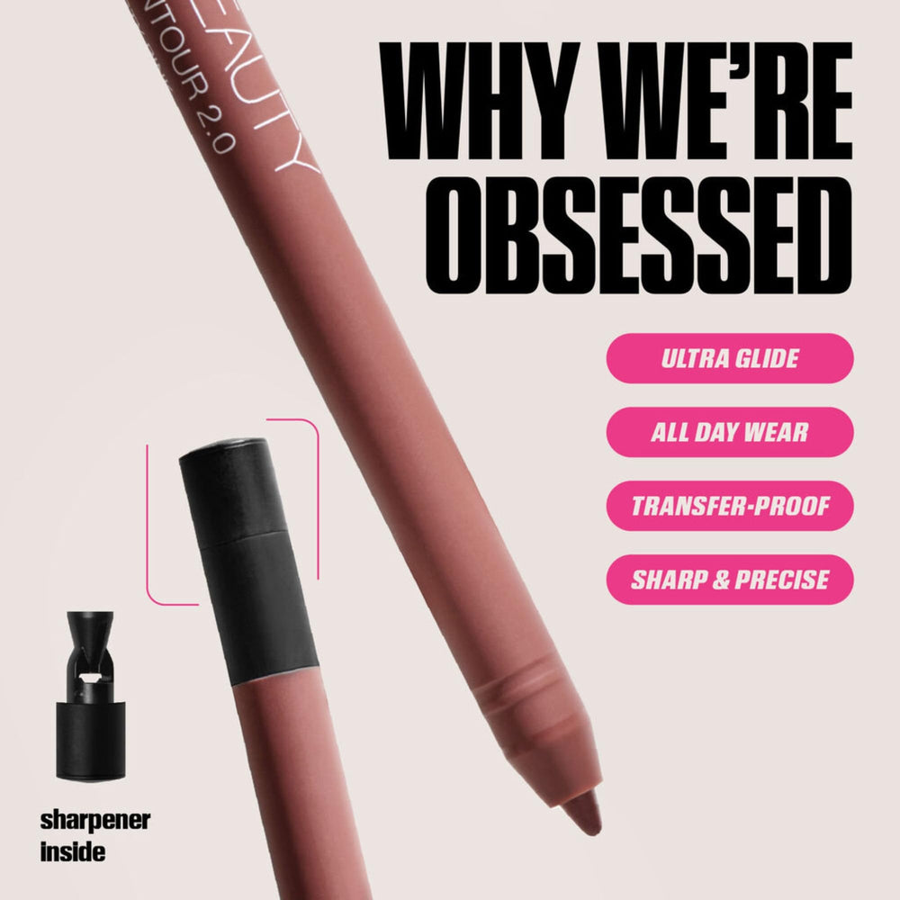 Huda Pink Kit lip pencil swatch demonstrates pigment-rich definition.