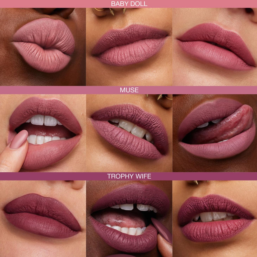 Huda Beauty Trophy Wife lips in warm lighting for rosy glow.
