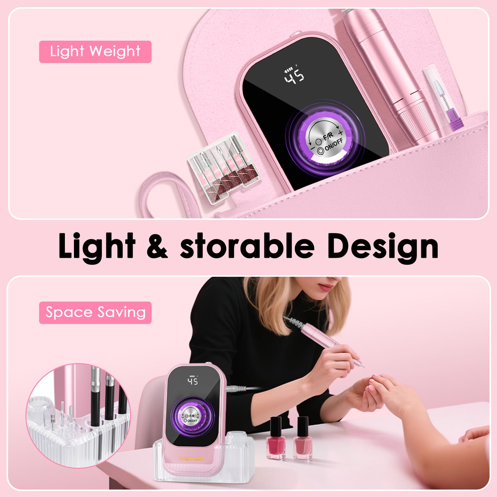 HUGMAPLE portable case keeps the e-file compact for travel nail care.