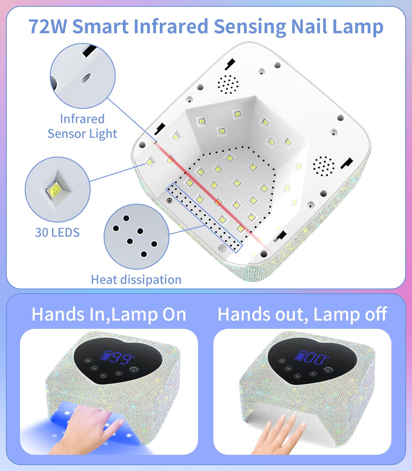 HUGMAPLE smart display on nail lamp shows timer and battery level