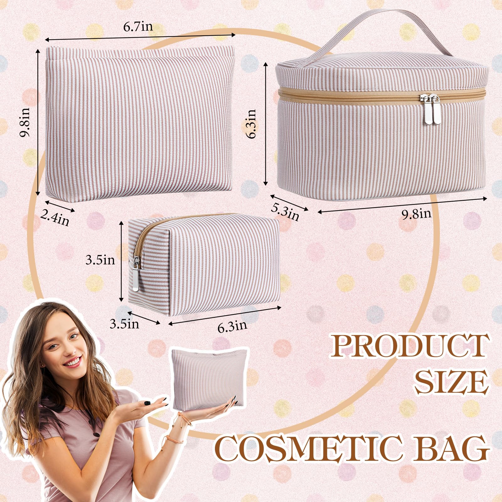 Huhumy 3-piece makeup bag set in khaki, versatile storage