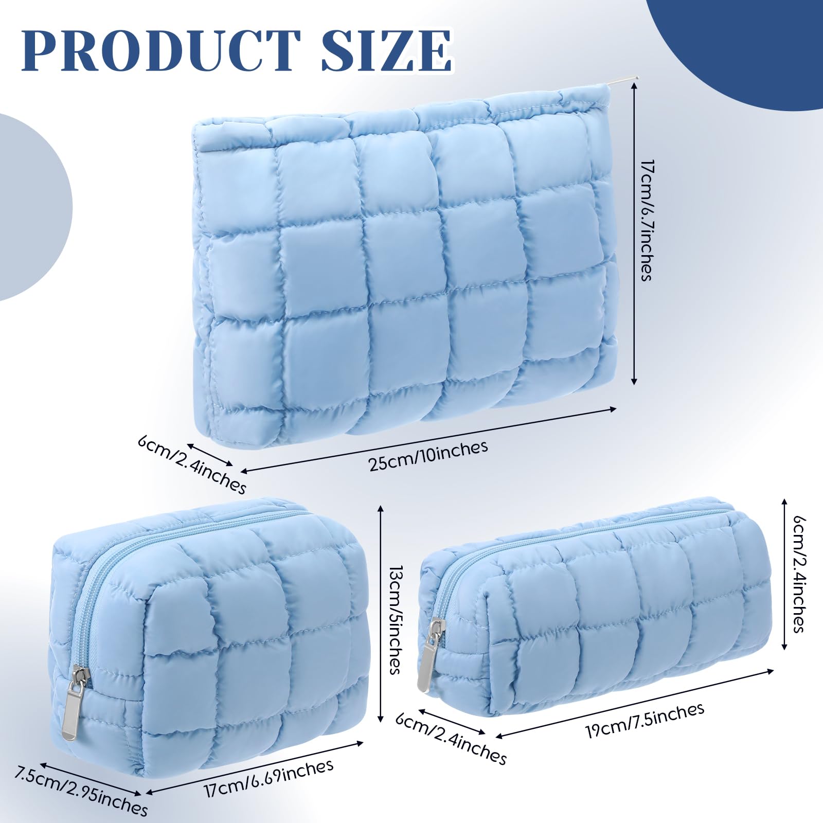 Conjunto de tres bolsas acolchadas Huhumy azul para organización.