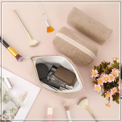 Huhumy corduroy makeup bag set side view demonstrating compact storage.