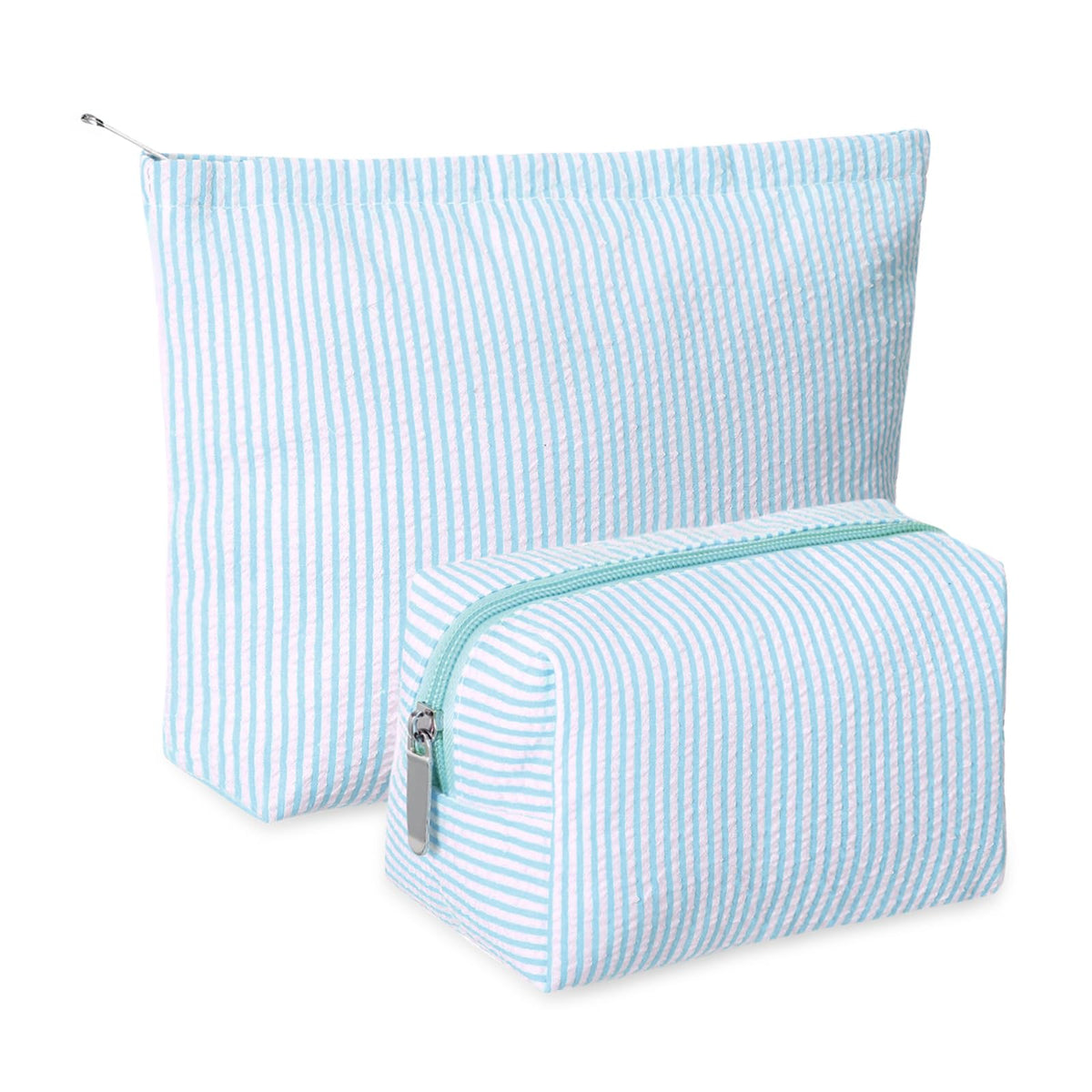Huhumy makeup bag set with light blue seersucker texture for stylish travel organization.