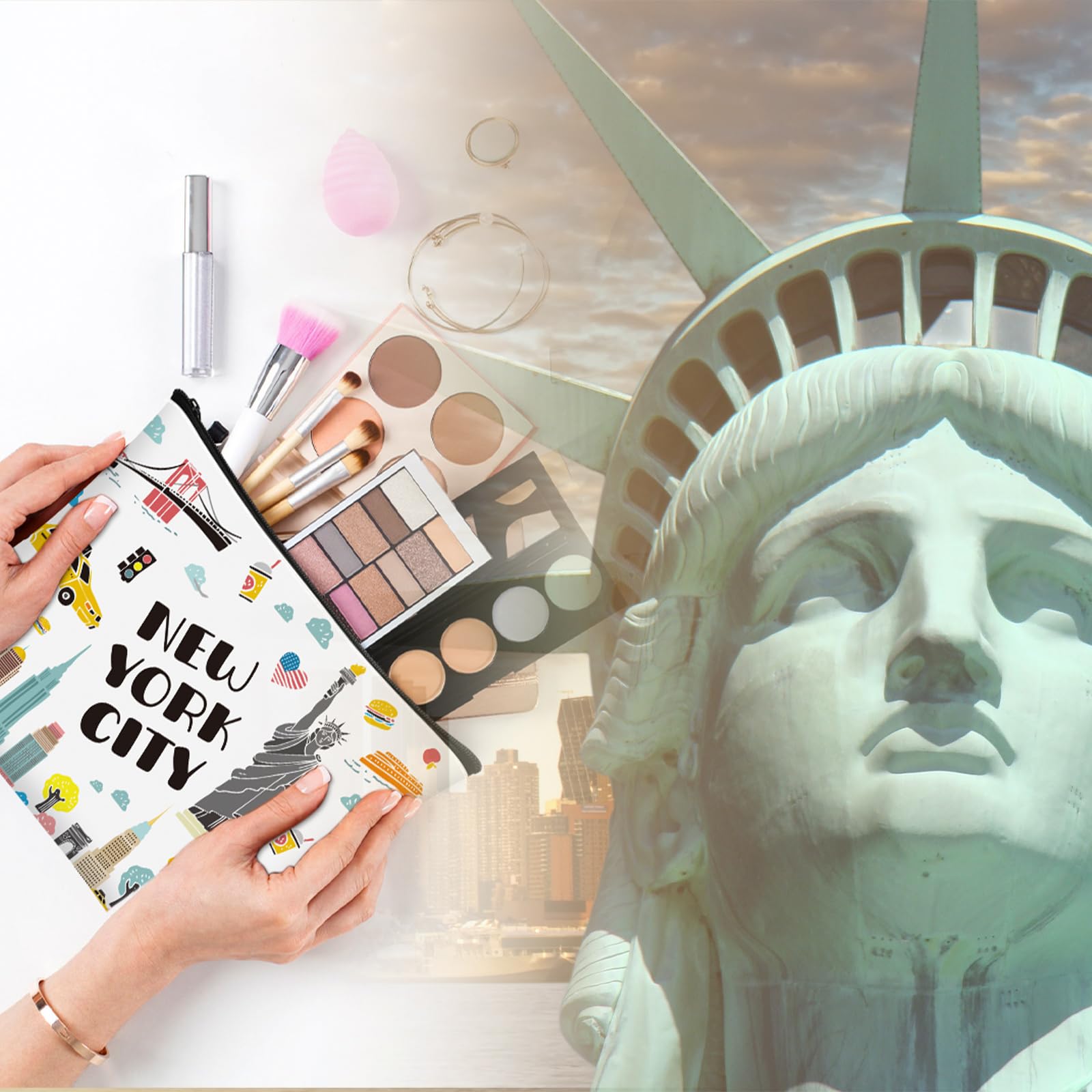 Huhumy New York cosmetic bag canvas construction indicates longevity for repeated use.