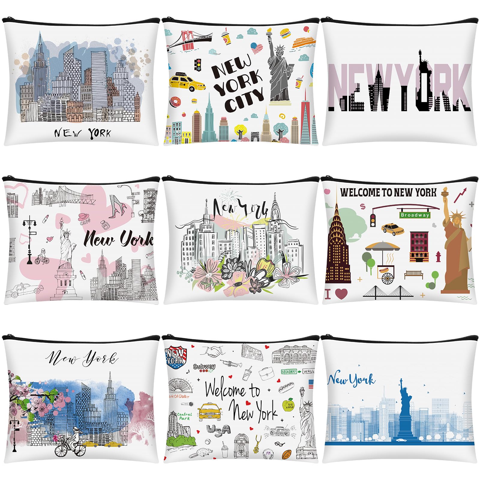 Huhumy New York cosmetic bag pattern closeup with durable canvas for travel makeup.