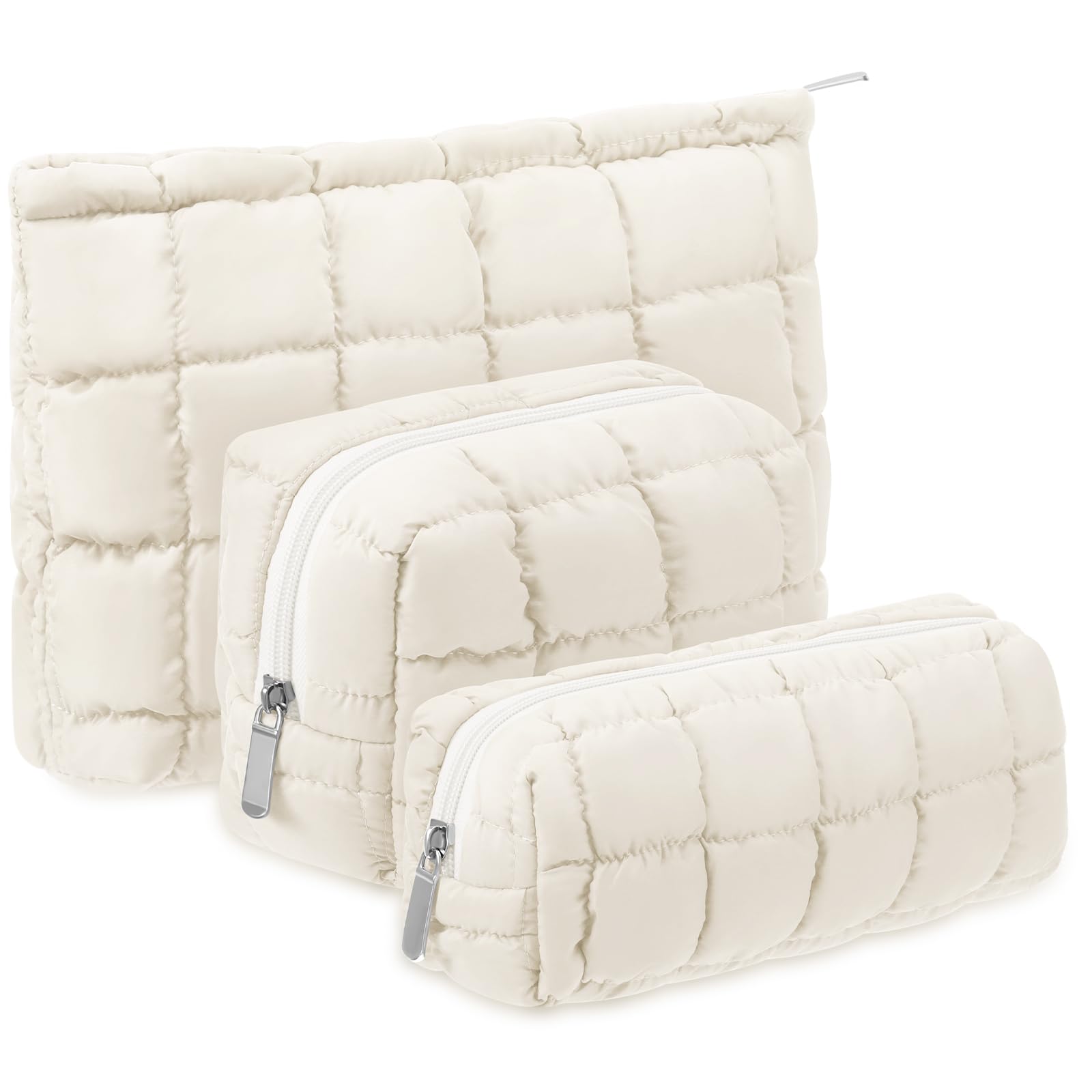 Huhumy puffy makeup bag set front view showing quilted checkered design for travel organization.