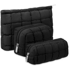 Huhumy Puffy makeup bag set front view, stylish quilted exterior for travel-ready organization.