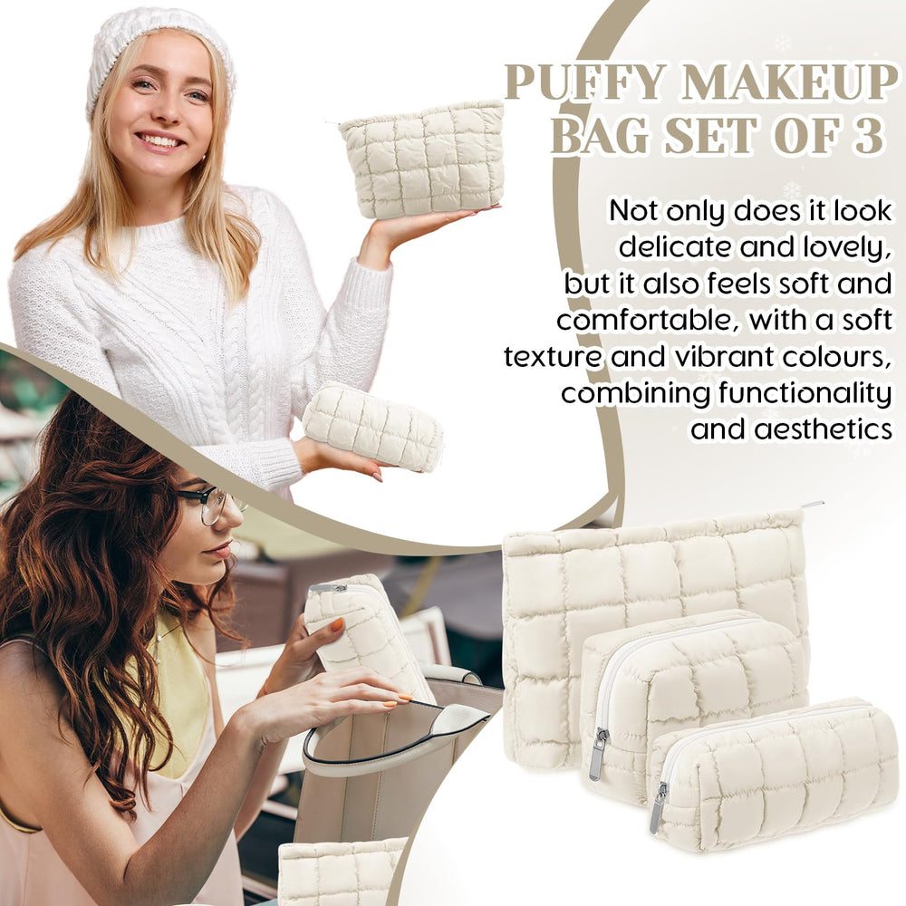 Huhumy Puffy makeup bag set in use demonstrates organized small-item storage.