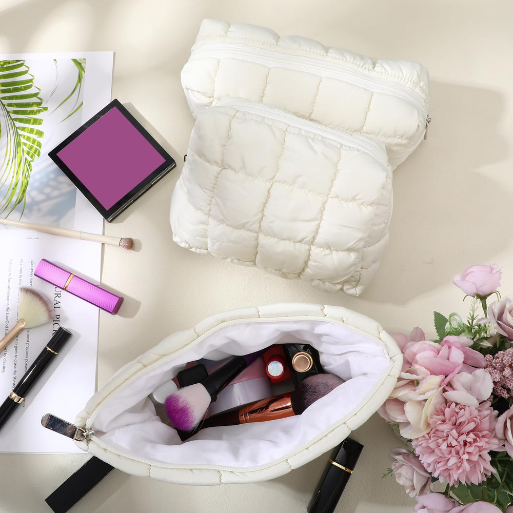 Huhumy puffy makeup bag set side stitching detail highlights durable construction for daily use.