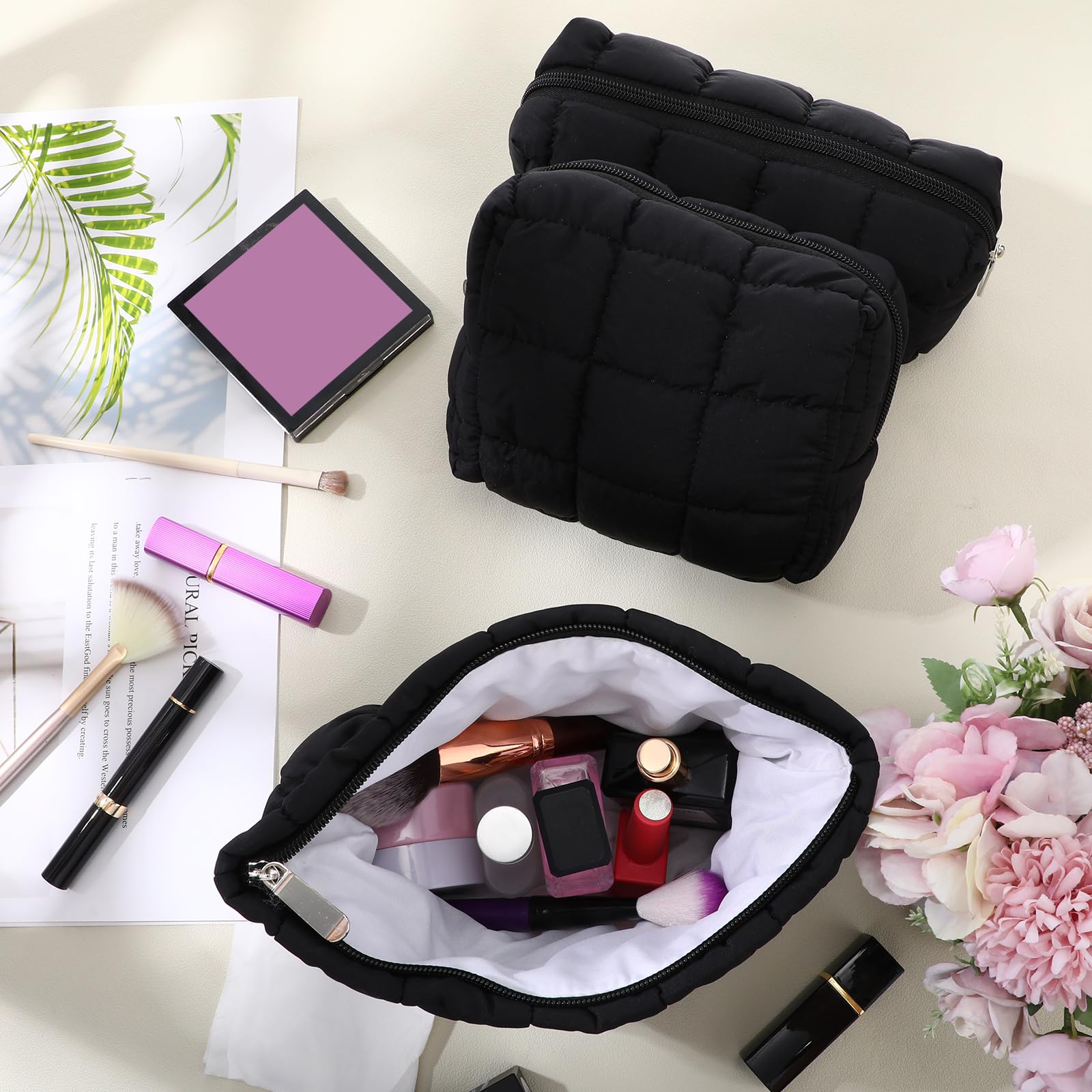 Huhumy Puffy bag side profile, compact yet roomy for makeup and brushes.