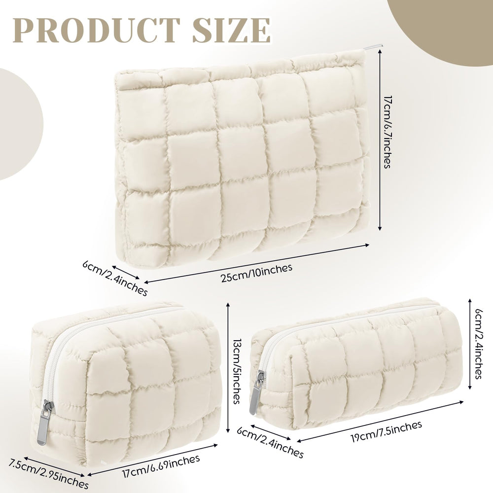 Huhumy quilted cosmetic pouch white closeup emphasizes soft exterior and protective zipper.