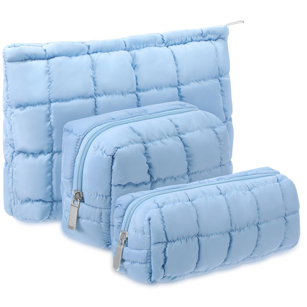 Huhumy quilted makeup bags blue set front view for easy on-the-go organization