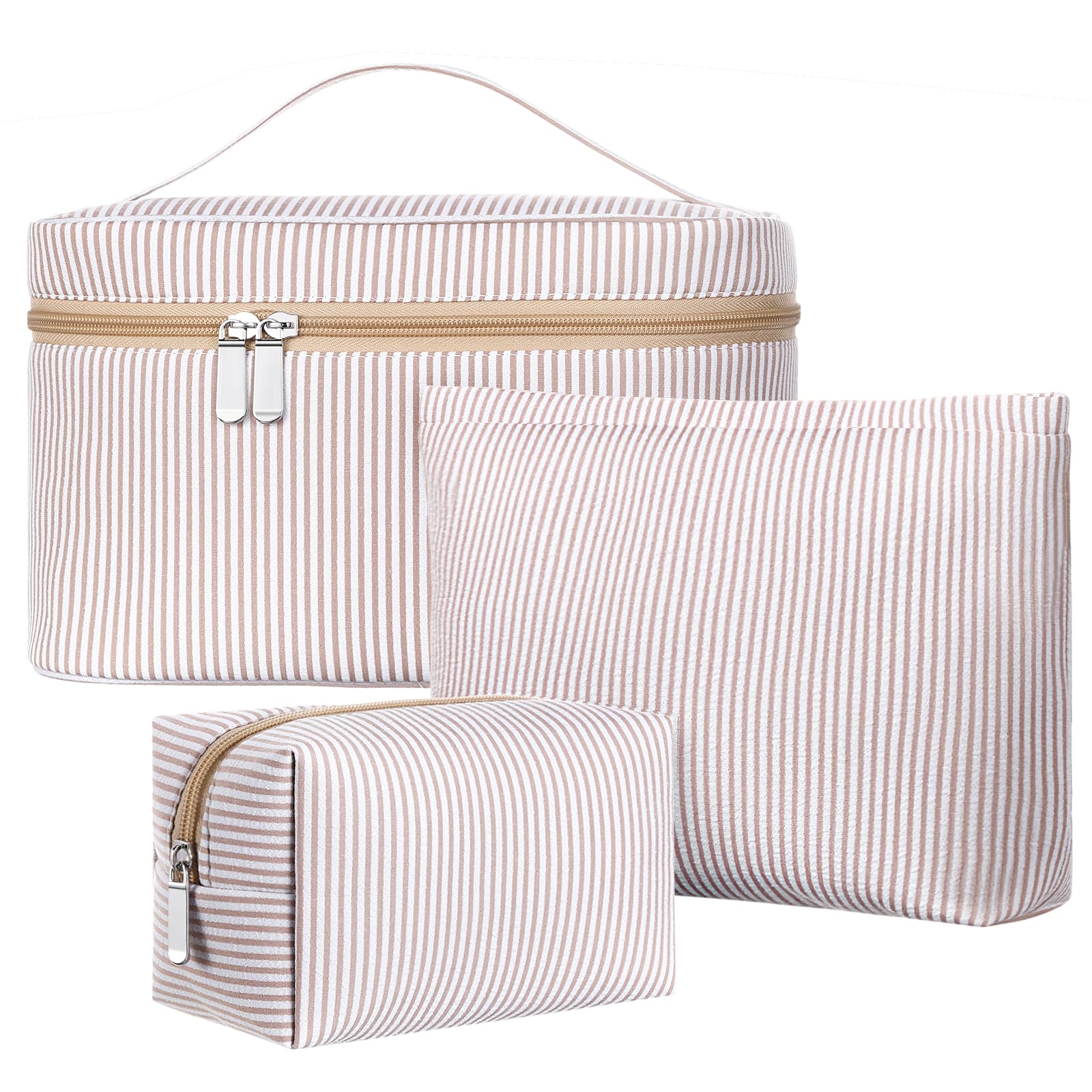 Huhumy khaki seersucker makeup bag side view, stylish travel organizer