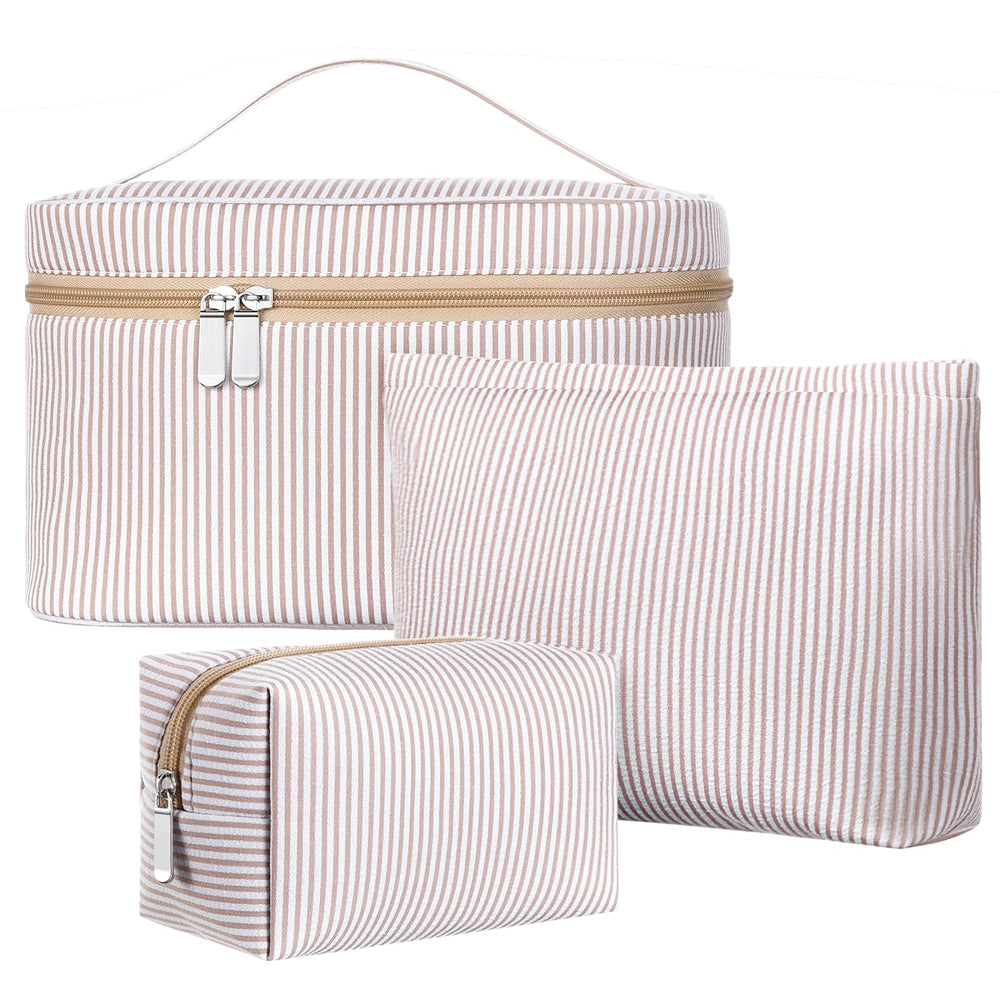 Huhumy khaki seersucker makeup bag side view, stylish travel organizer
