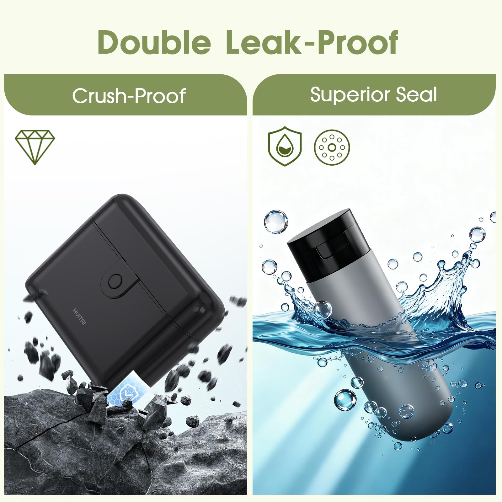 HUITAI travel bottles with case lock button visible prevents accidental opening during transit