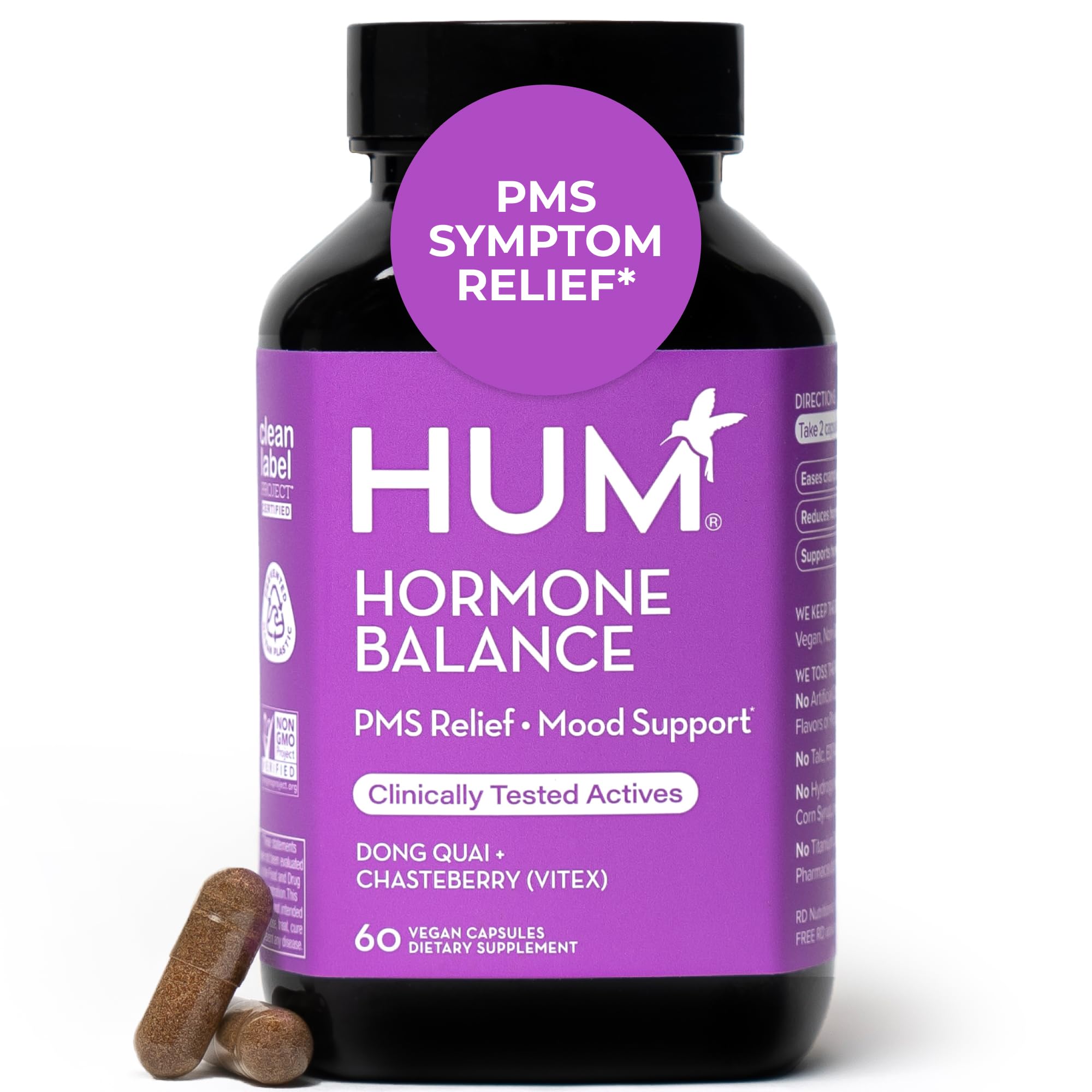HUM Hormone Balance bottle with 60 vegan capsules for monthly support.