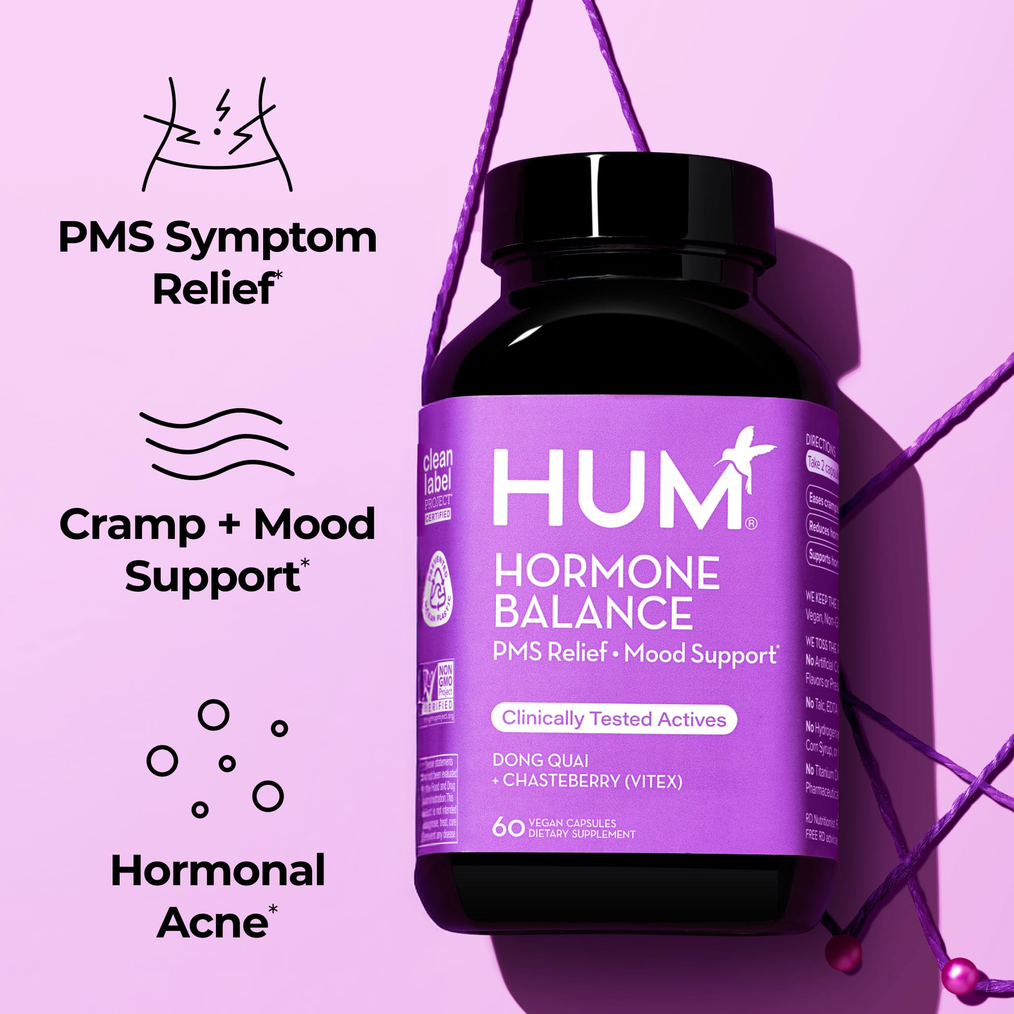 Close-up of HUM Hormone Balance capsules highlighting a vegan formula.