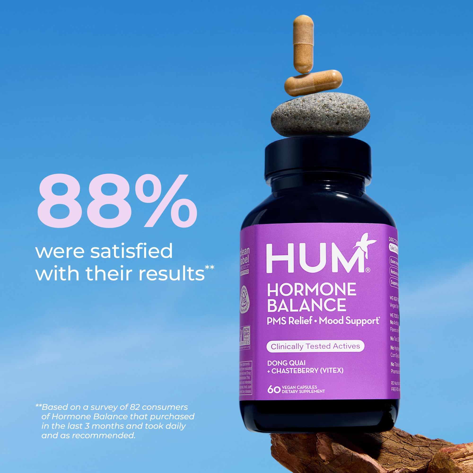 HUM Hormone Balance dong quai root highlights herbal support for monthly cycles.