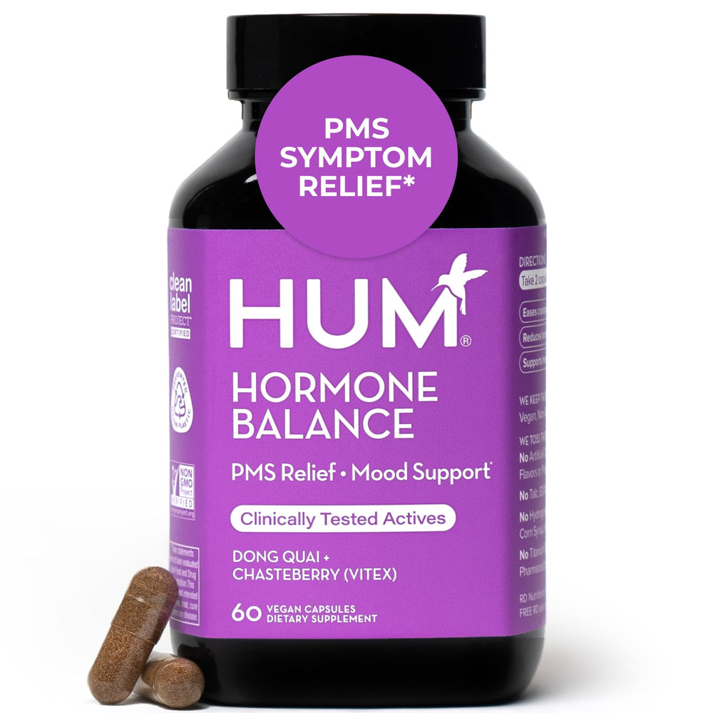 HUM Hormone Balance packaging highlights clean label vitamins for monthly cycle comfort.
