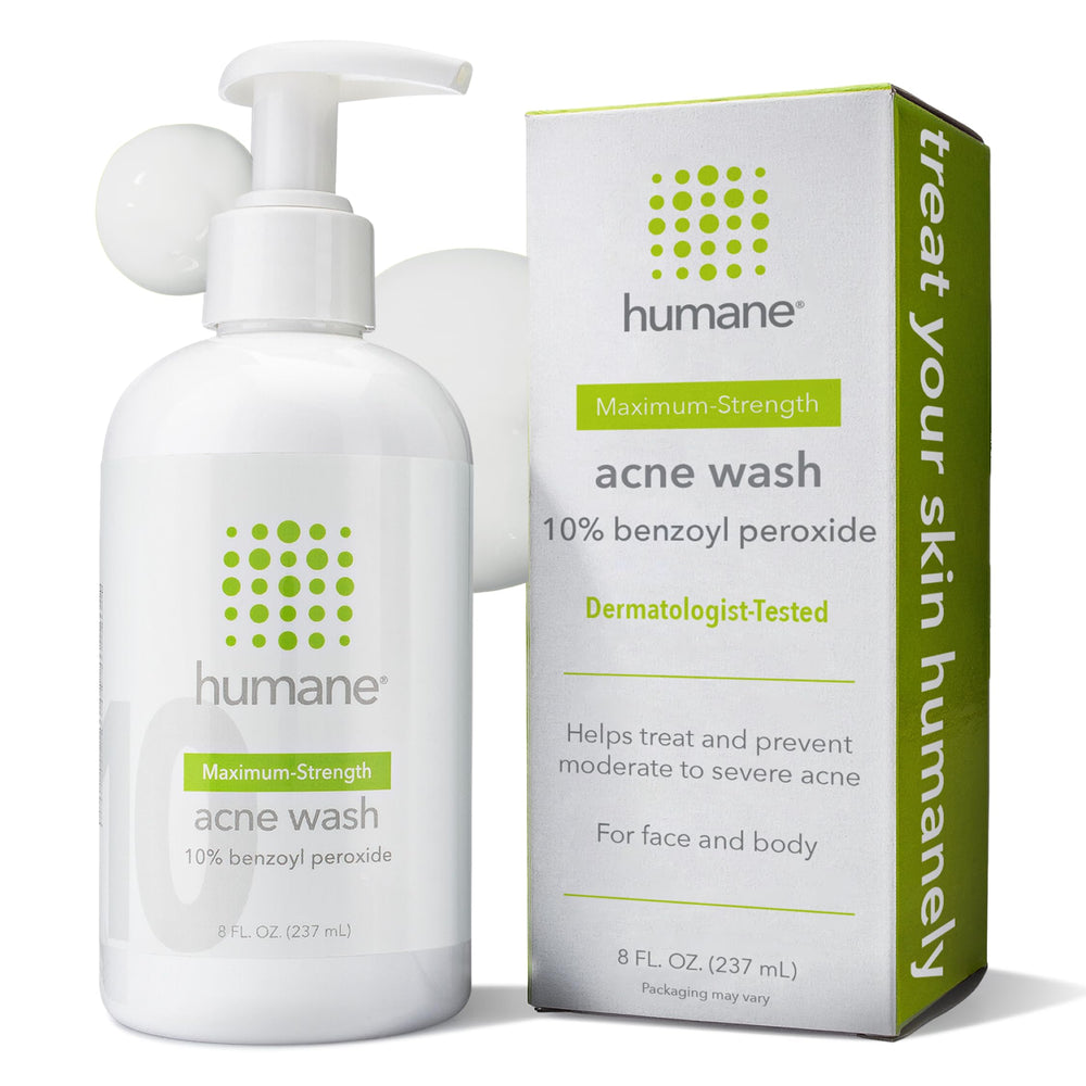 humane benzoyl peroxide acne body wash bottle — maximum-strength cleansing for face and body