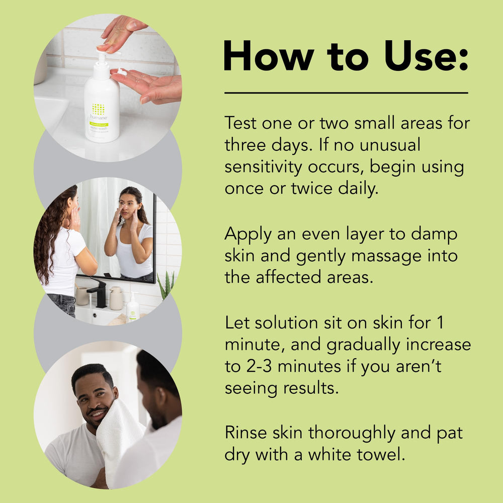 Humane benzoyl peroxide acne wash 16oz bottle on bathroom shelf.