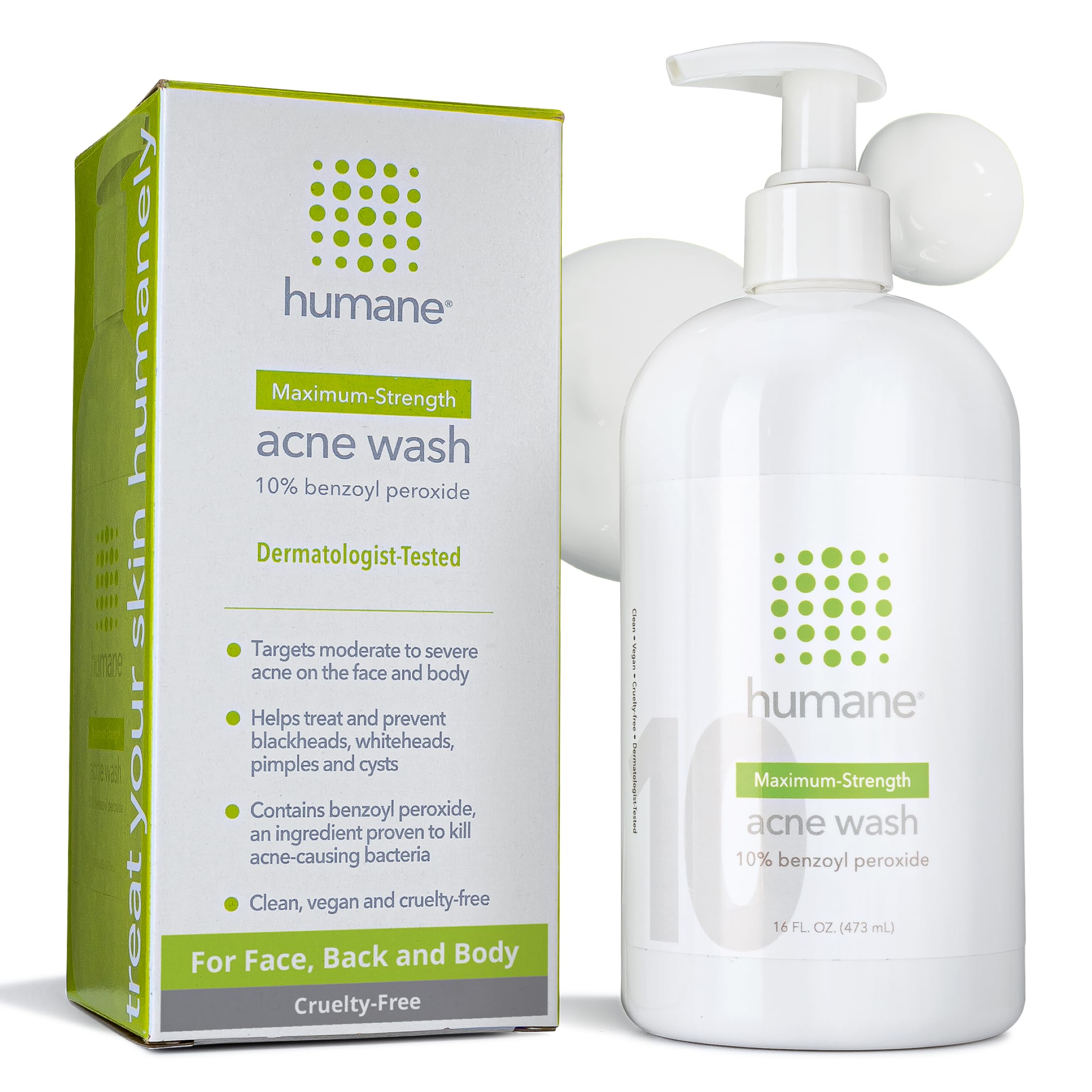 Humane benzoyl peroxide acne wash bottle shows 10% strength for maximum acne treatment.