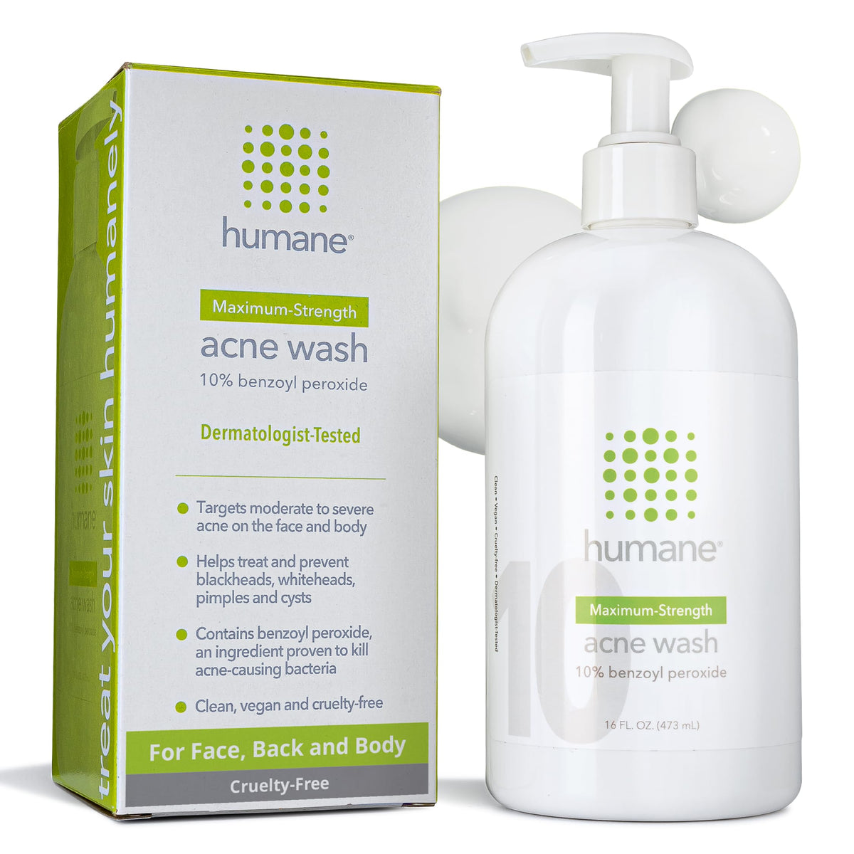 Humane benzoyl peroxide acne wash bottle shows 10% strength for maximum acne treatment.