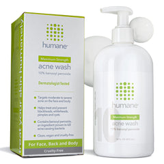 Humane benzoyl peroxide acne wash bottle shows 10% strength for maximum acne treatment.
