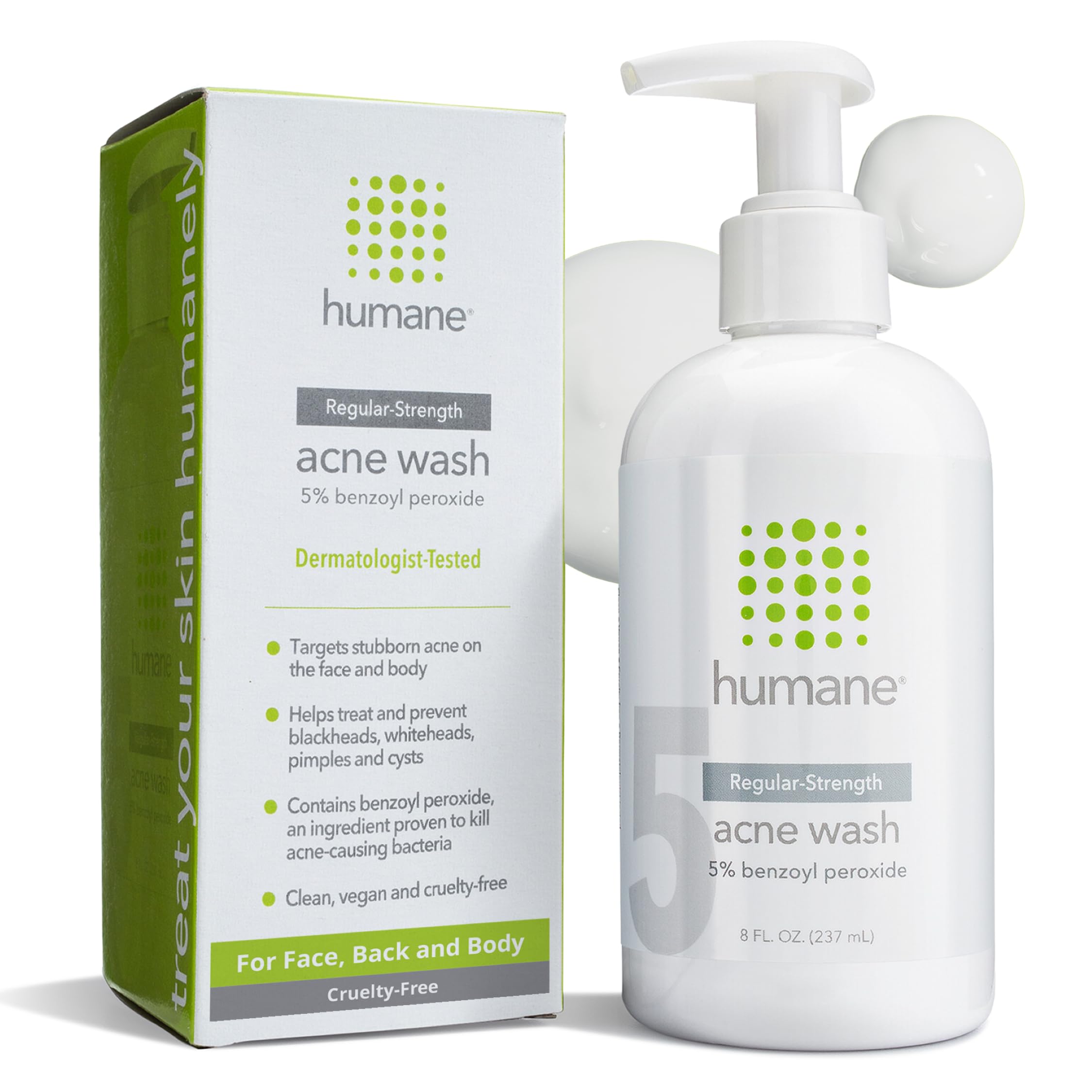Humane benzoyl peroxide face wash 8oz bottle front view for acne-prone skin