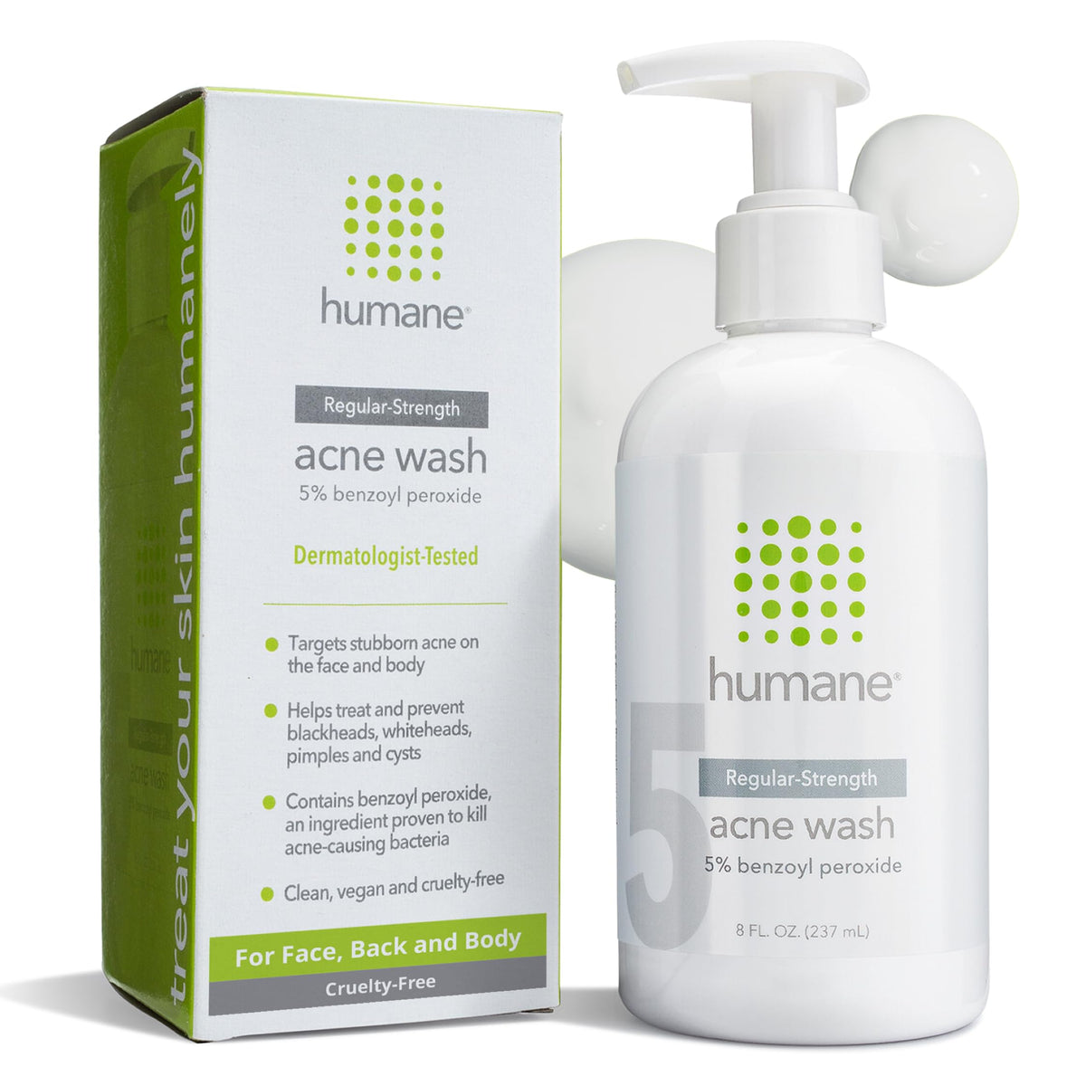 Humane benzoyl peroxide face wash 8oz bottle front view for acne-prone skin
