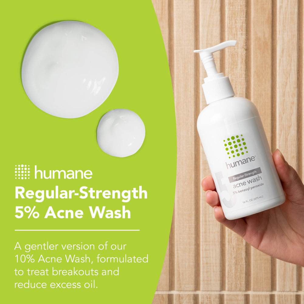 Humane benzoyl peroxide face wash label close-up for clear skin