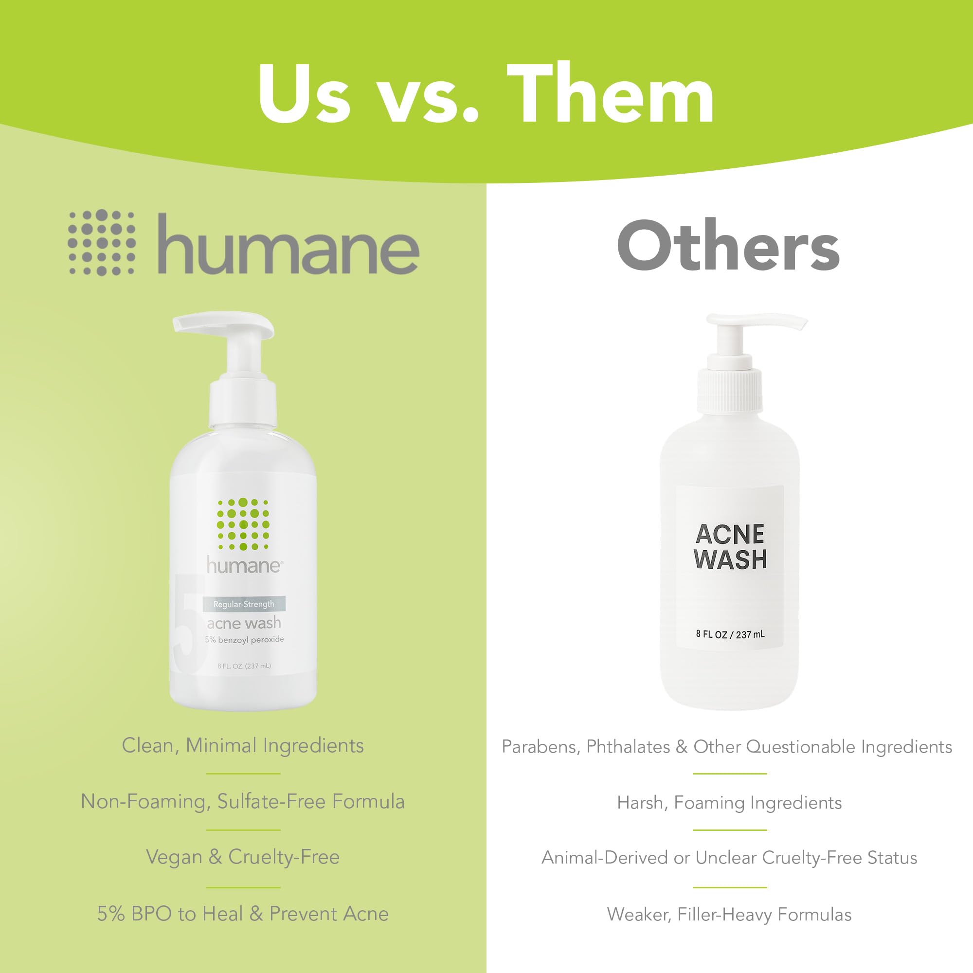Humane benzoyl peroxide face wash cruelty-free packaging with clear skin promise