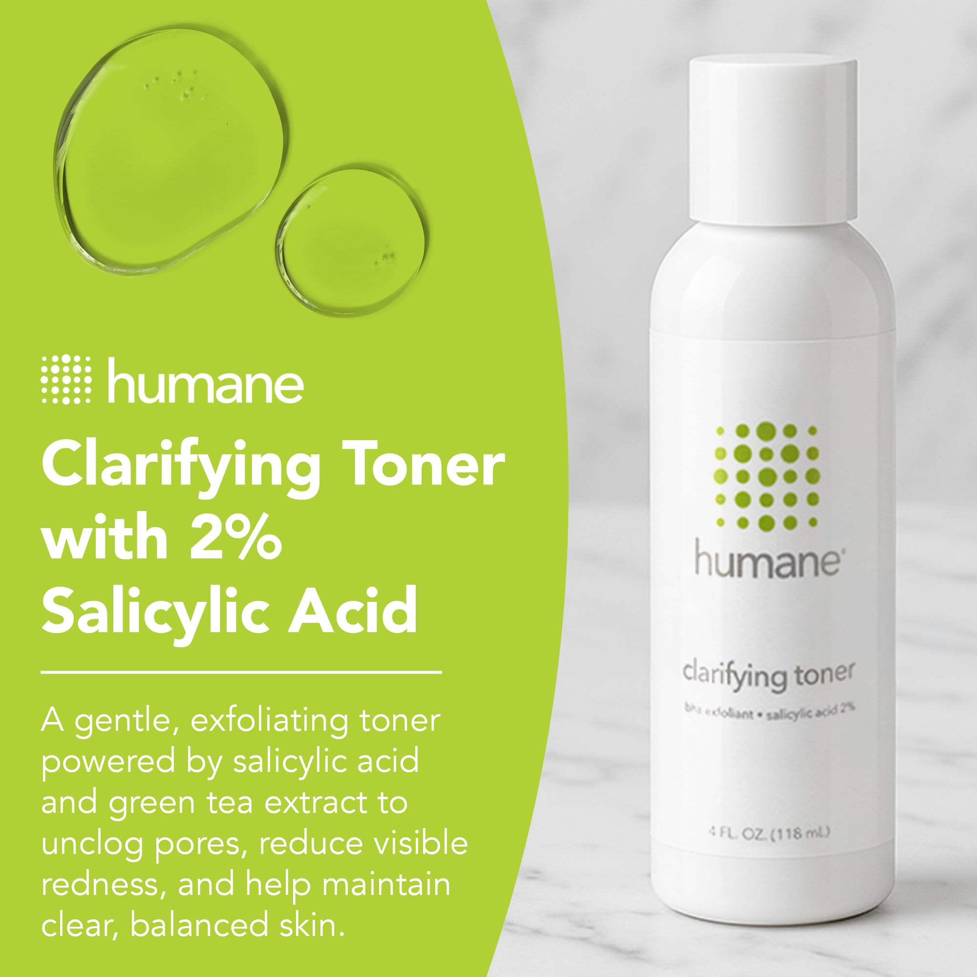 Humane Clarifying Toner bottle pour shows 2% BHA for oil control