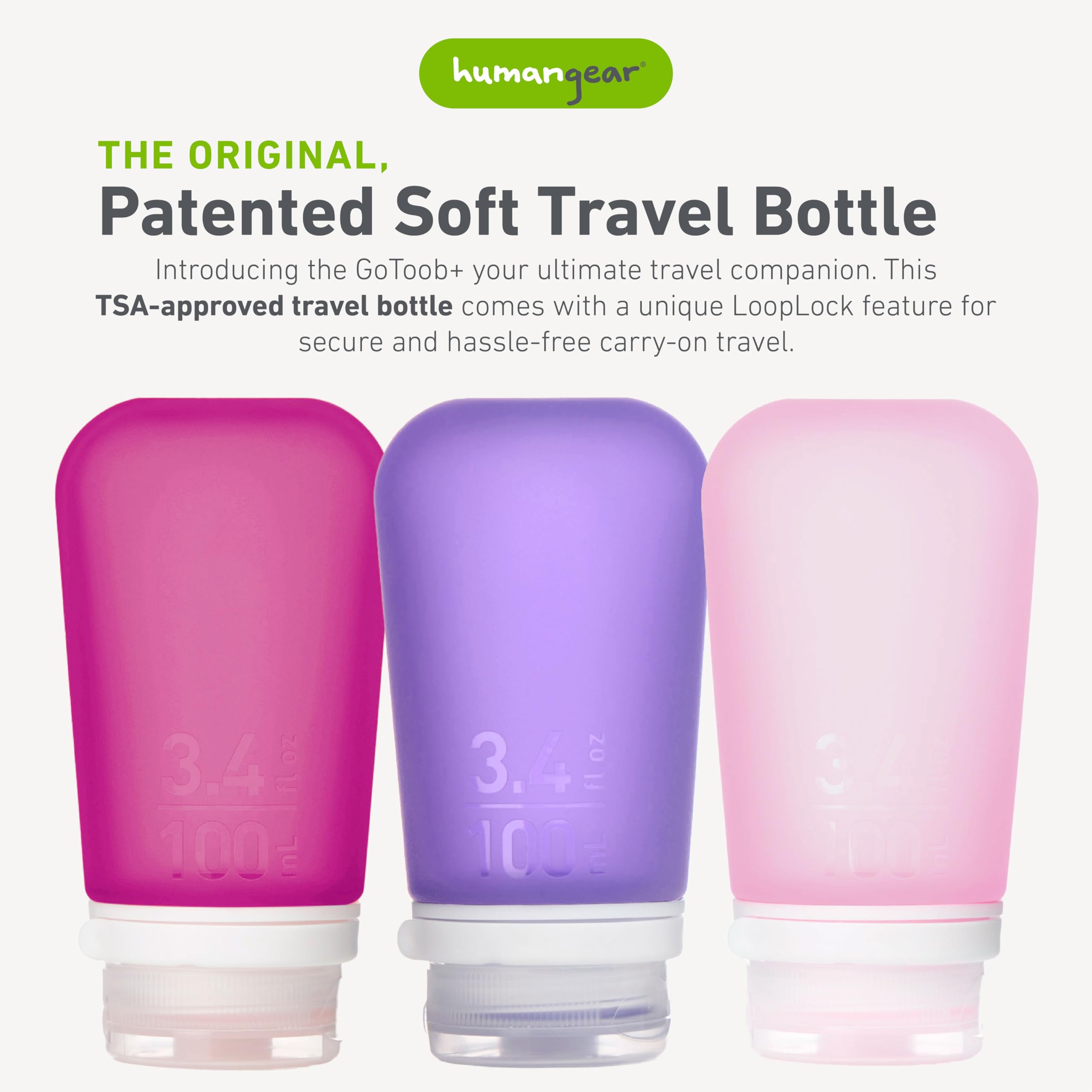 humangear GoToob+ contoured-tube stands upright for easy filling and cleaning