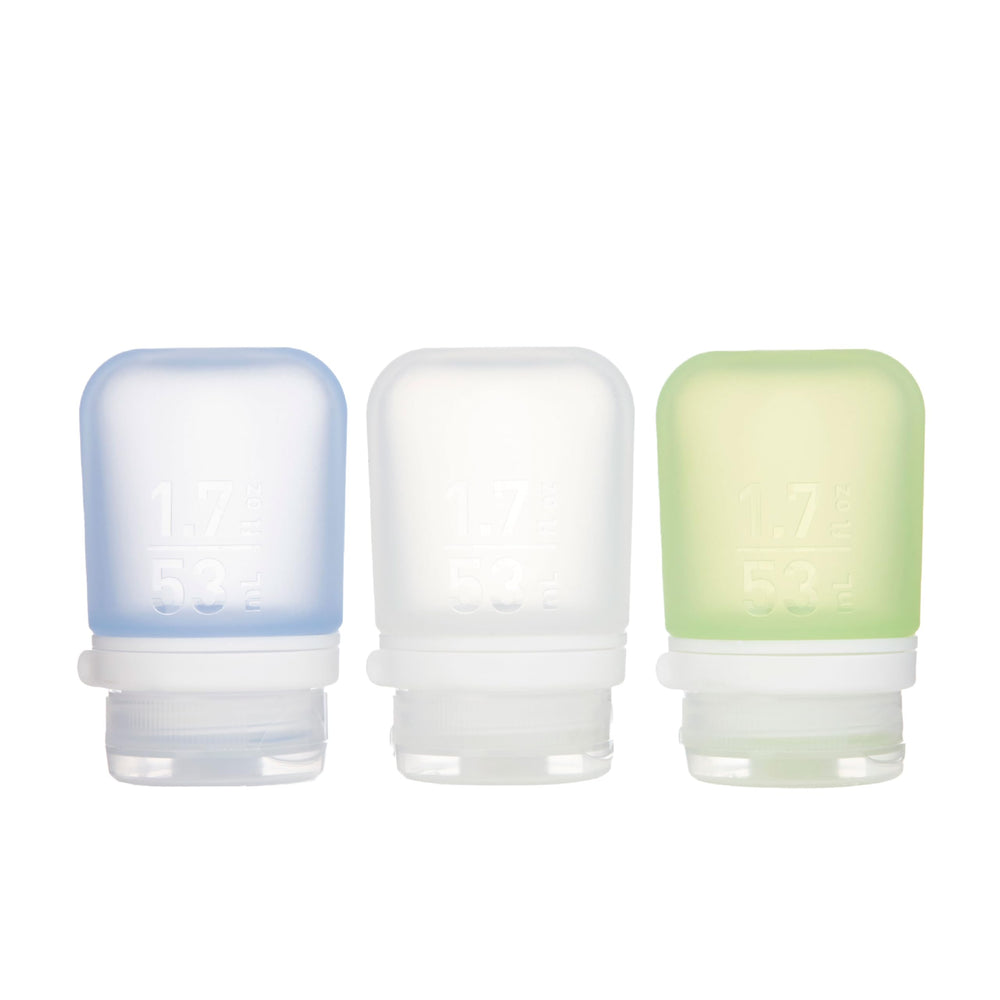 Humangear GoToob+ small bottle closeup shows refillable silicone design for travel.