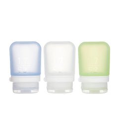 Humangear GoToob+ small bottle closeup shows refillable silicone design for travel.