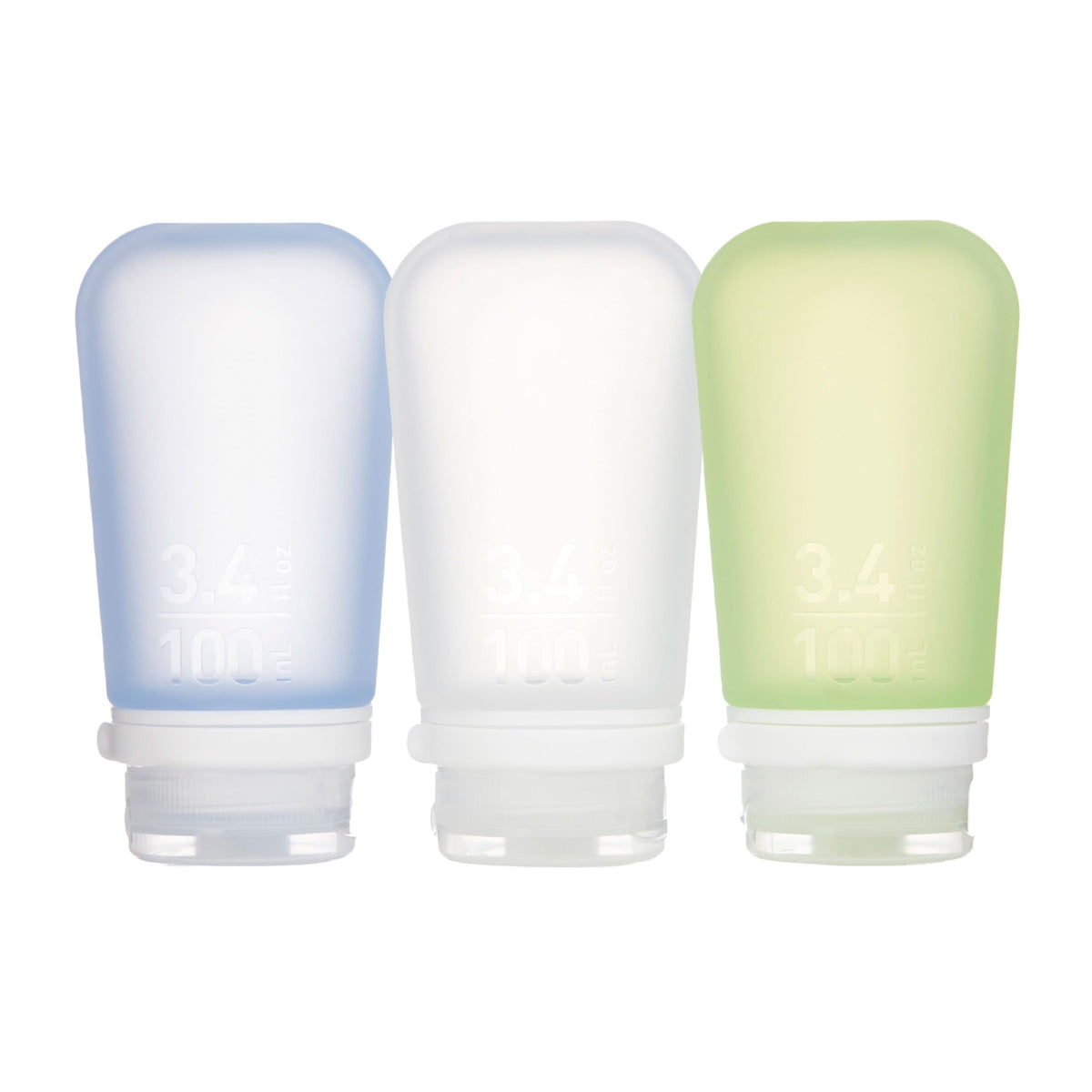 humangear GoToob+ 3-pack assembled for travel keeps liquids organized and ready for quick packing.