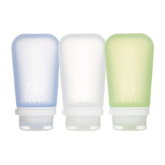 humangear GoToob+ 3-pack assembled for travel keeps liquids organized and ready for quick packing.