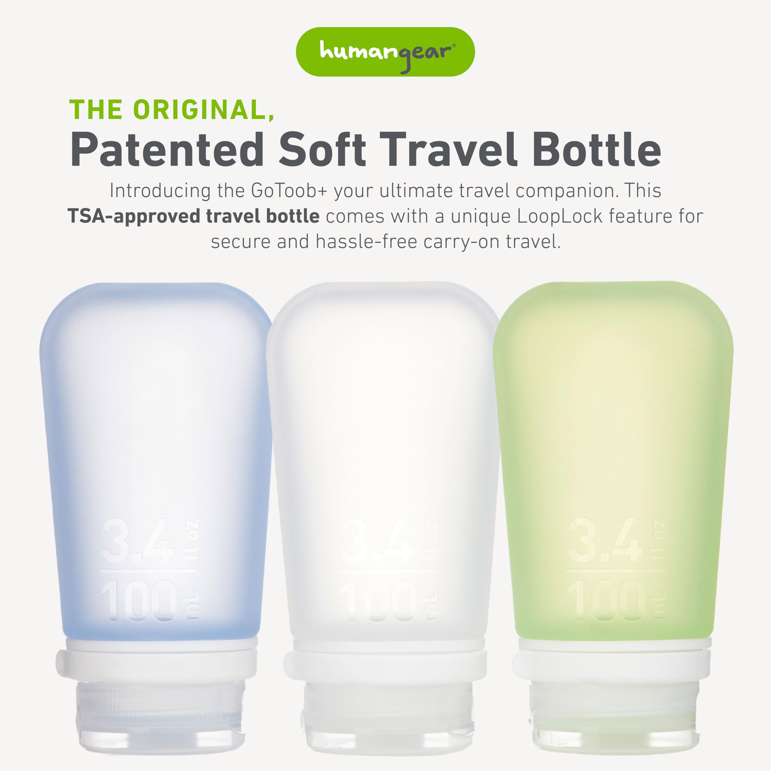 humangear GoToob+ contoured tube highlights easy filling and upright standing for tidy shelves.