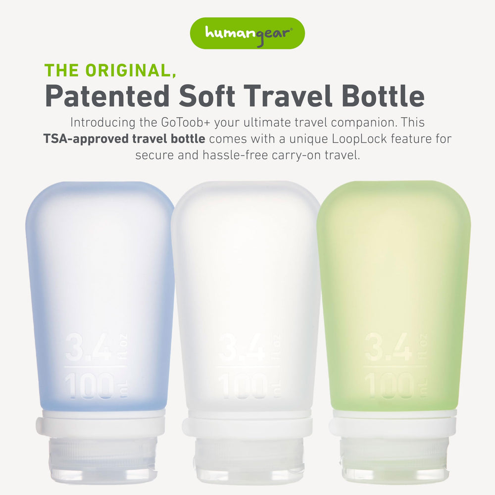humangear GoToob+ contoured tube highlights easy filling and upright standing for tidy shelves.