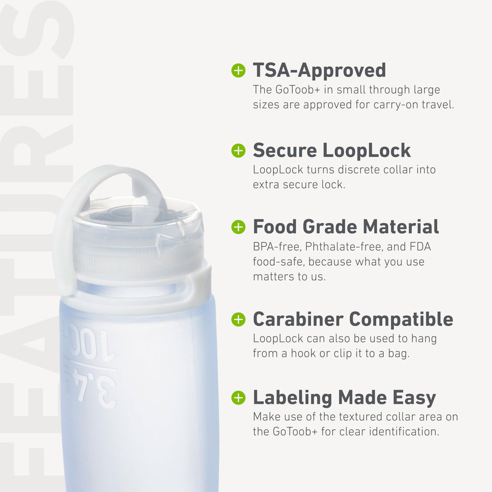 humangear GoToob+ food-safe materials reassure food and cosmetic use on travels.